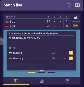 Live volleyball match – Bulgaria vs Germany, International Friendly, set score 1–0 Live match scoreboard: Bulgaria vs Germany in International Friendly Games, Bulgaria leads 1–0